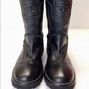 Chanel black leather moto boot.
